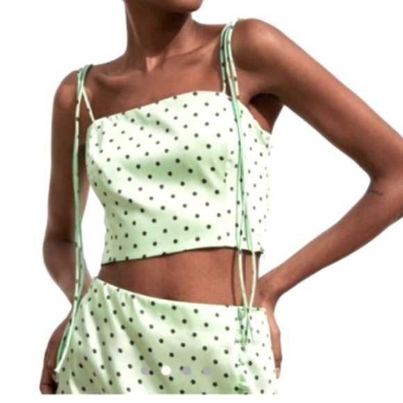 Zara shirt - light green with navy polka dots tie strap cropped top - Picture 1 of 5